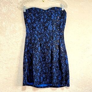 CHARLOTTE RUSSE Strapless Mini Dress Women L Black‎ Lace Blue Sequins Party Prom